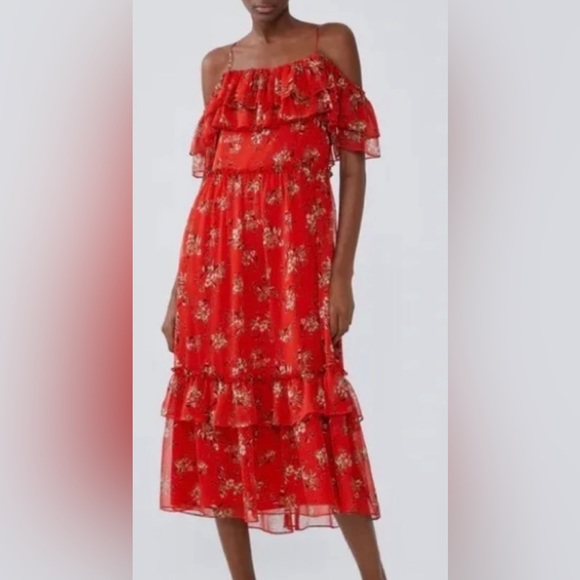 Zara Ruffled Off-Shoulder Warm Red Floral Crinkled Chiffon Tiered Midi Dress - Picture 4 of 8